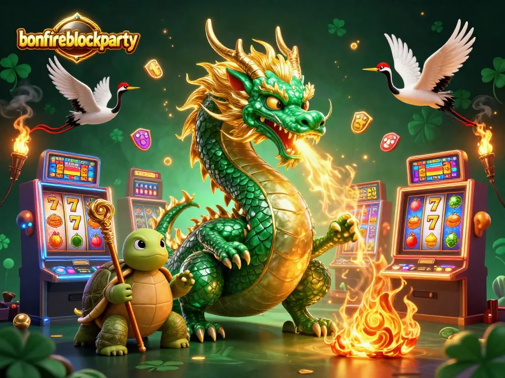 Join the bonfireblockparty with a vibrant 3D casino scene featuring a jade dragon and lively game elements.