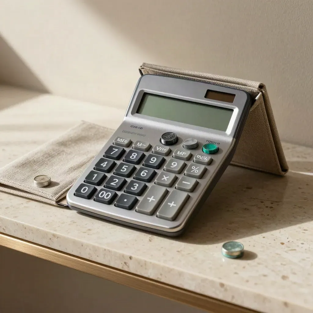 Calculadora compacta, fichas minerales y carpeta cerrada sobre travertino con luz suave.