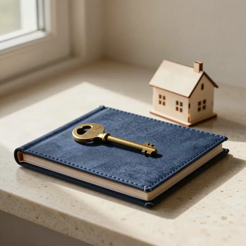 Carpeta azul marino, llave y casita sobre travertino bajo luz cálida.