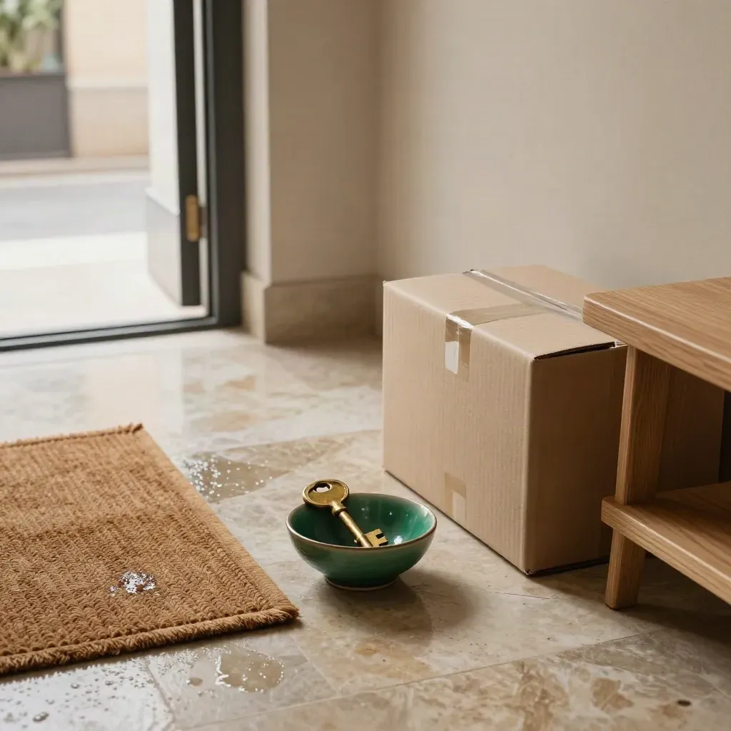 Entrada de piso nuevo con llave en cuenco de piedra y caja de mudanza cerrada.