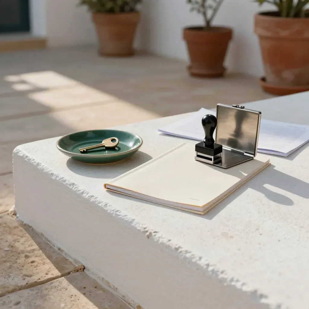 Patio sevillano claro con carpeta fina, llave nueva y sello guardado junto a una maceta verde.