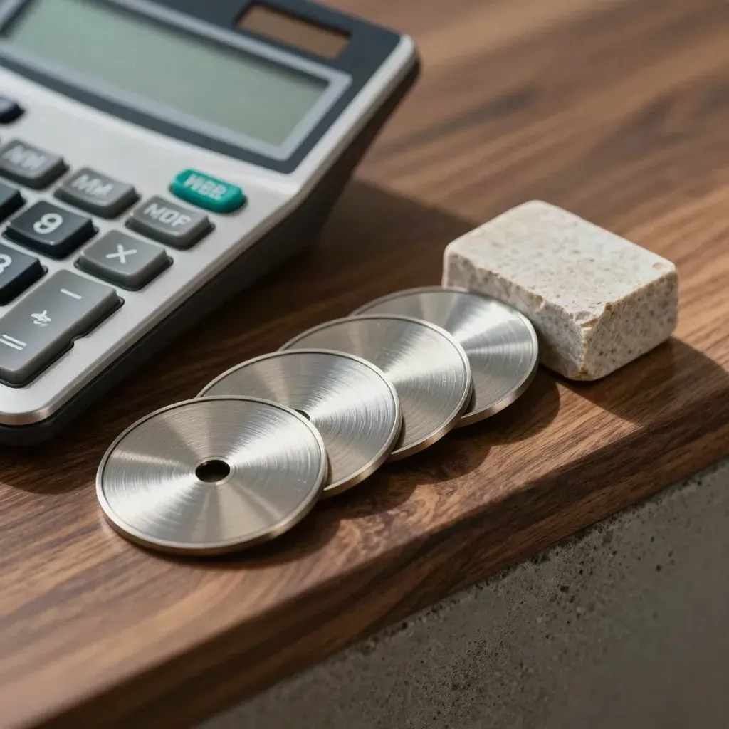Calculadora apagada, discos metálicos y fichas de piedra en luz dramática.