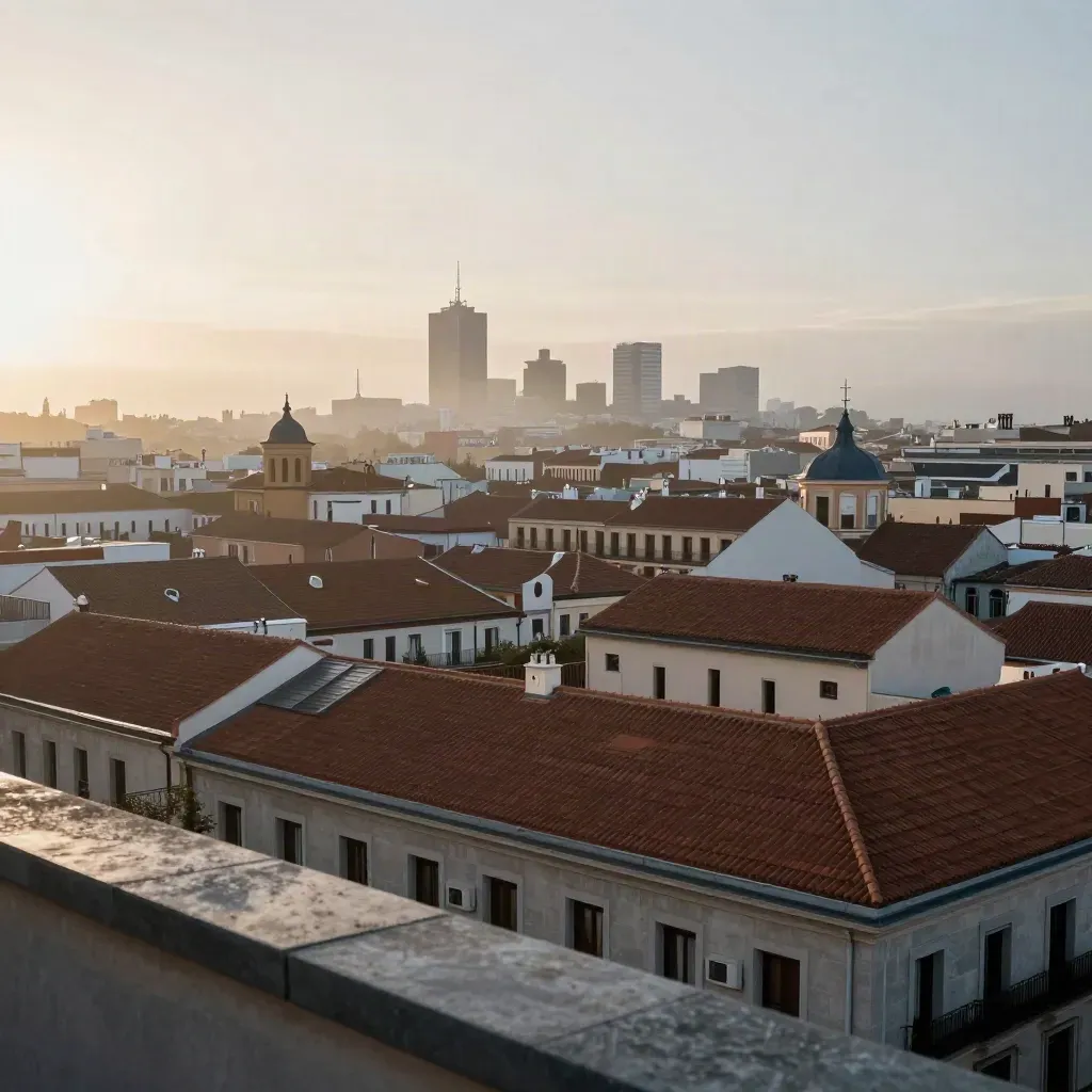 Panorámica de Madrid al amanecer con tejados rojizos y torres envueltas en neblina.