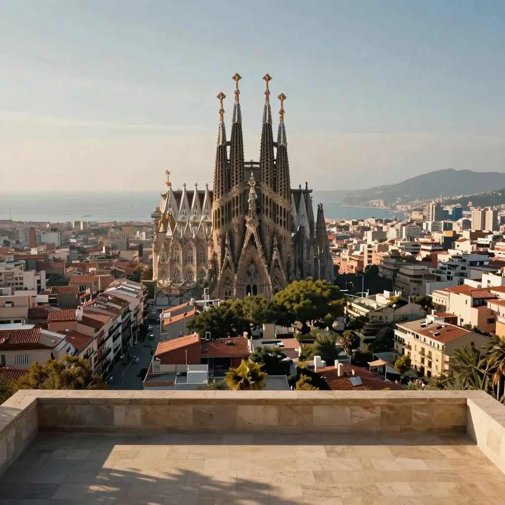 Sagrada Família sobre el Eixample y una franja de mar, luz dorada de tarde.