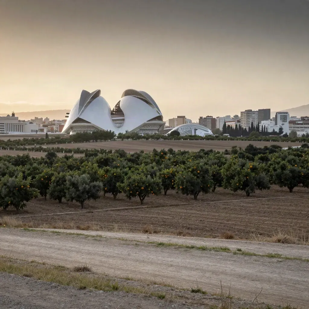 Valencia y la Ciudad de las Artes sobre huerta dorada al atardecer