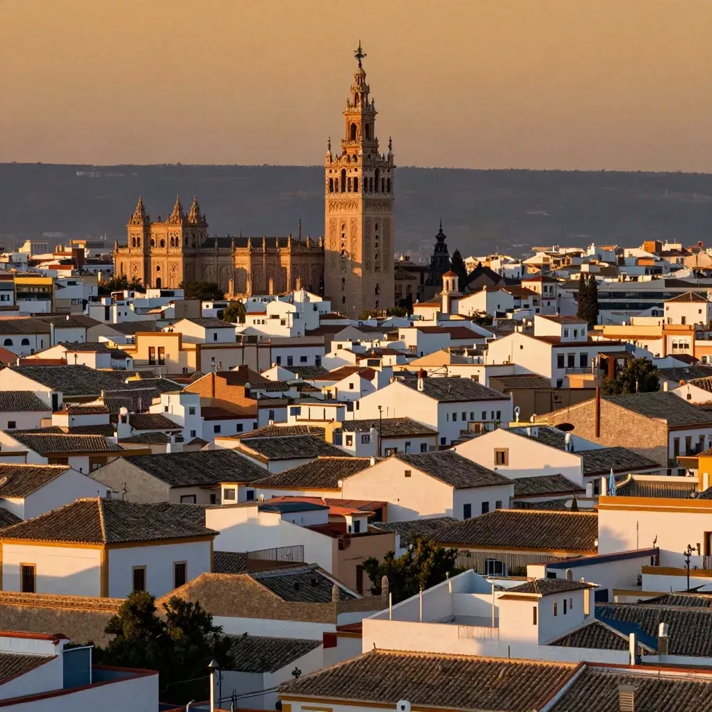 Panorámica de Sevilla con la Giralda y azoteas claras bajo cielo ámbar