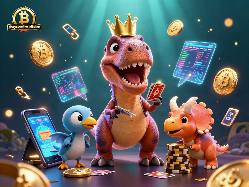 Sissy's Southern Kitchen showcases a T-Rex shuffling cards and stacking chips in a vibrant casino scene.